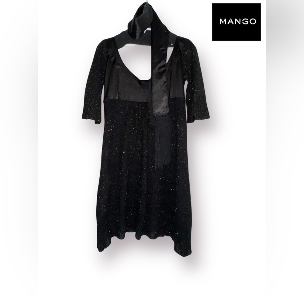 🛍️SALE🛍️ Mango Vintage Knitted Black&Copper Sparkle Dress w/Fringed Satin Scarf - Picture 2 of 15